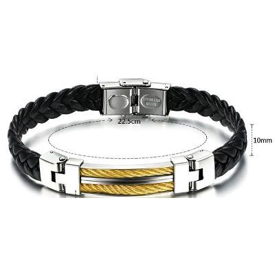 Bracelete Pulseira Masculina Fio De Aço E Couro Trançado